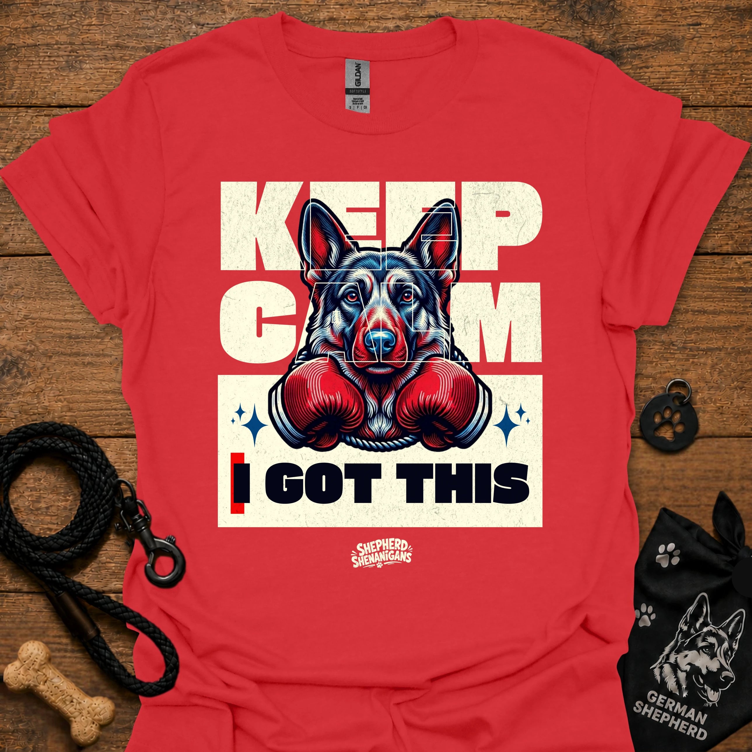 Red T-shirt with German shepherd boxing gloves graphic and 'I GOT THIS' front.