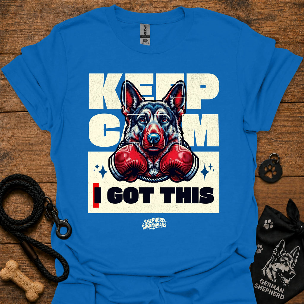 Royal blue T-shirt with German shepherd boxing gloves graphic and 'I GOT THIS' front.