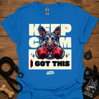 Royal blue T-shirt with German shepherd boxing gloves graphic and 'I GOT THIS' front.