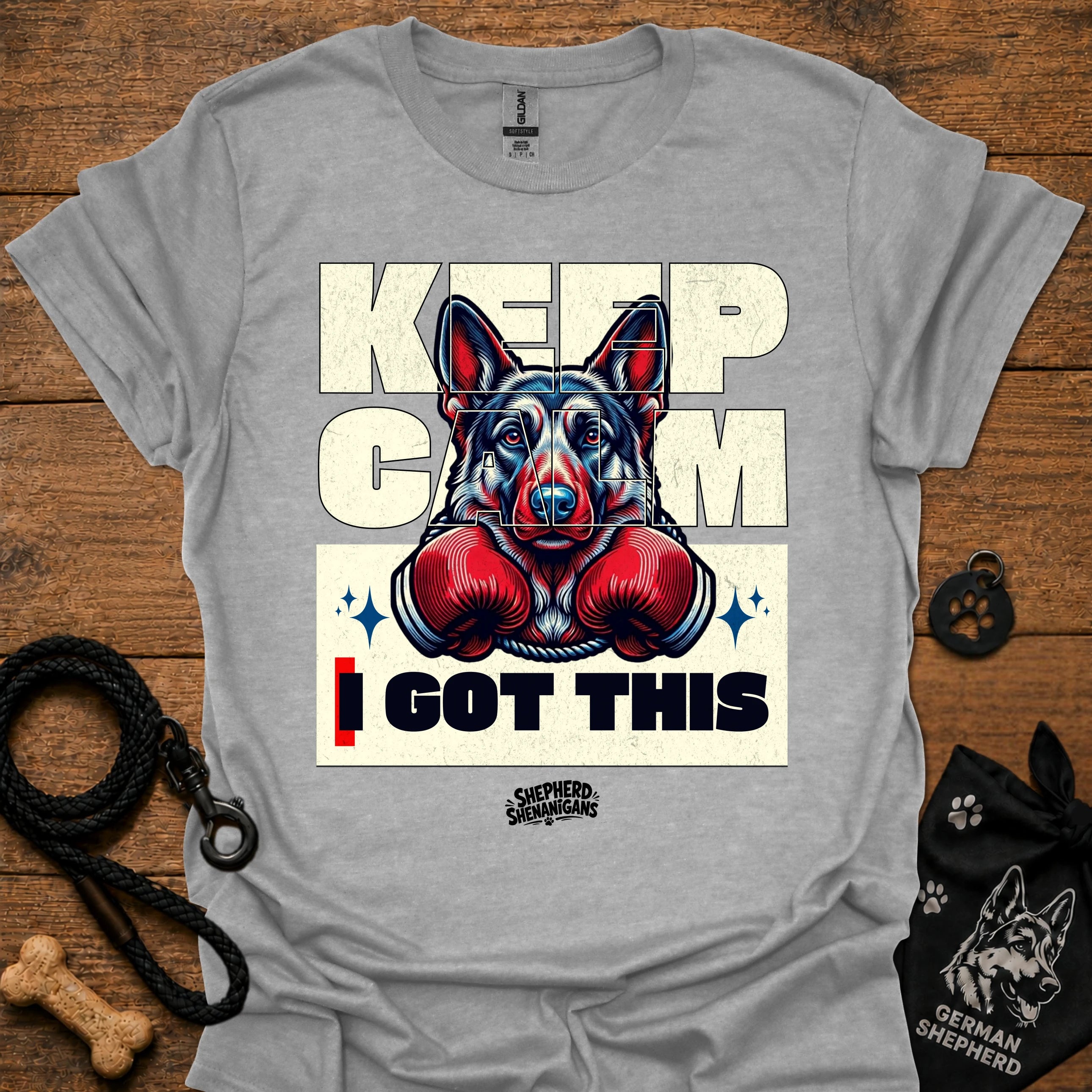 Sport grey T-shirt with German shepherd boxing gloves graphic and 'I GOT THIS' front.