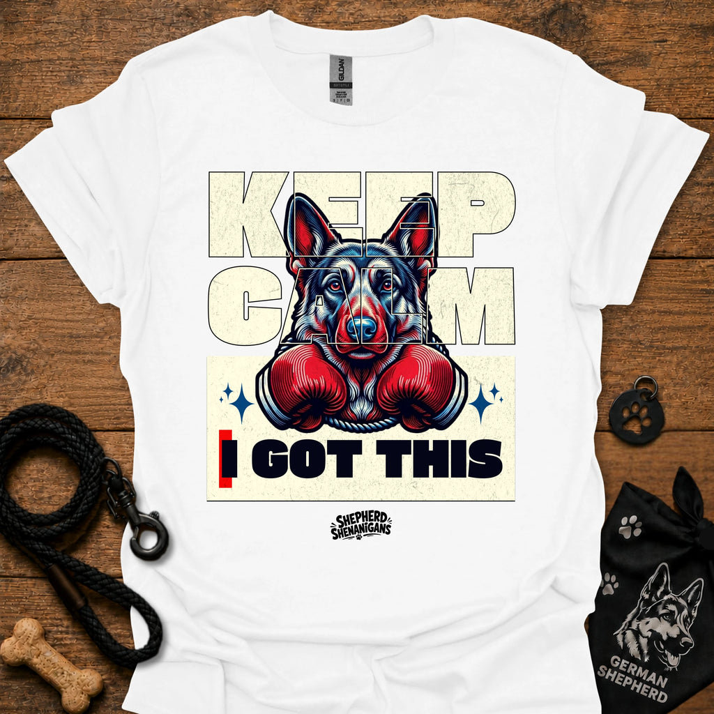 White T-shirt with German shepherd boxing gloves graphic and 'I GOT THIS' front.