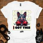 White T-shirt with German shepherd boxing gloves graphic and 'I GOT THIS' front.