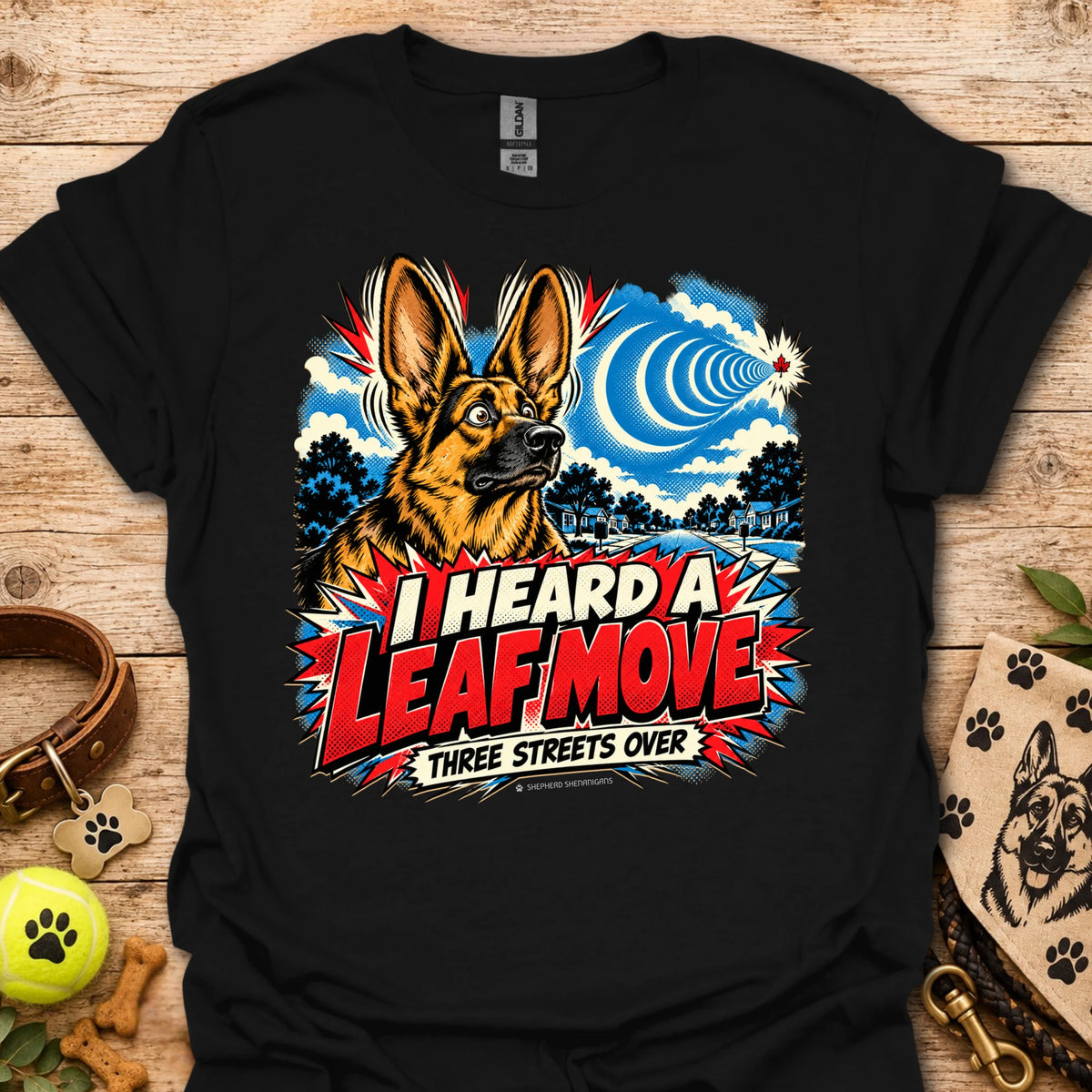 Black crewneck T-shirt with German shepherd leaf comic graphic