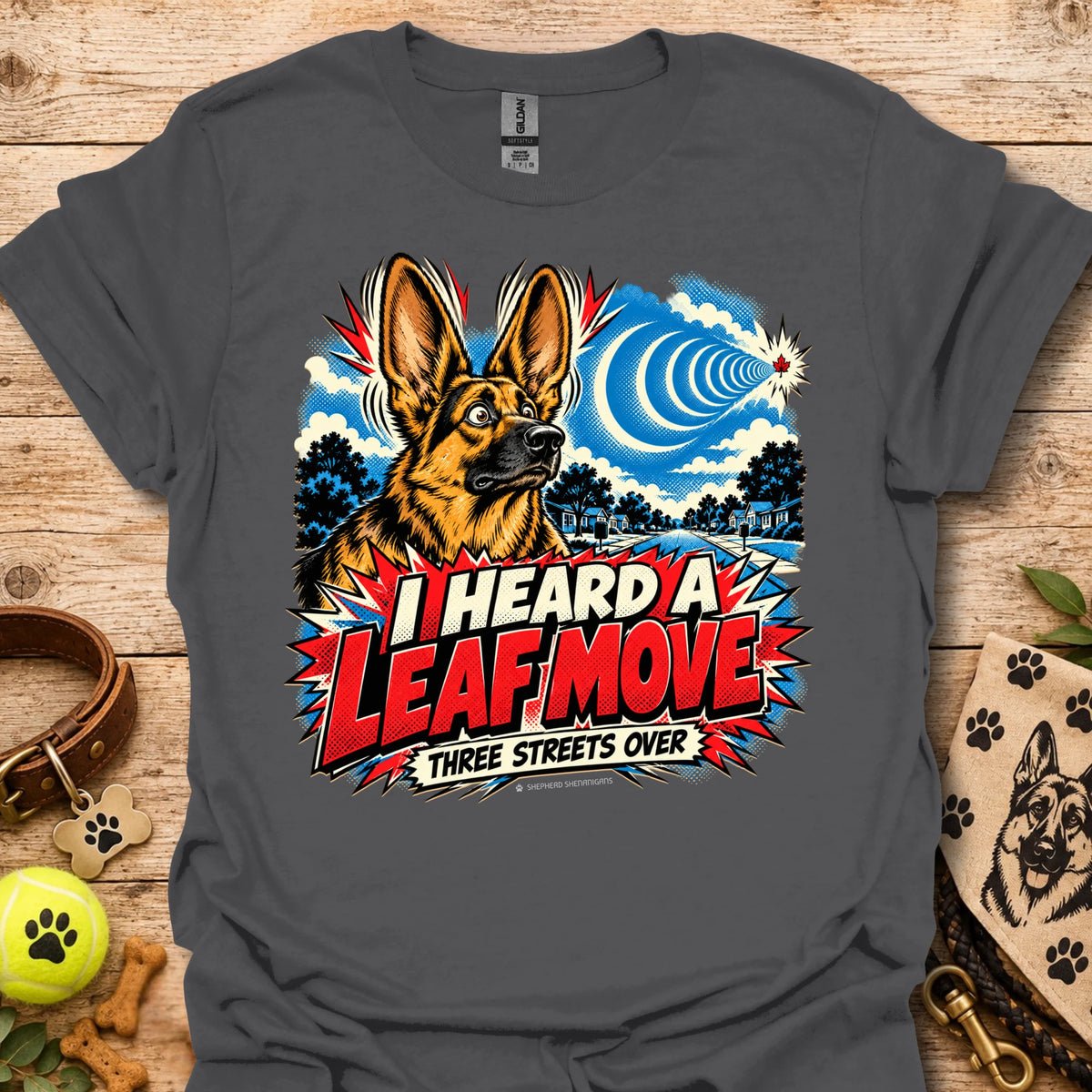 Charcoal crewneck T-shirt with German shepherd leaf comic graphic