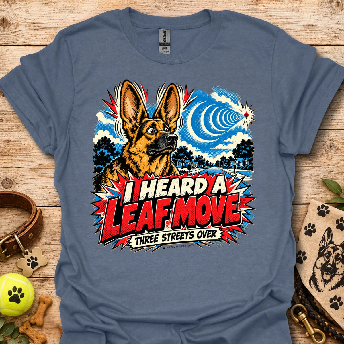 Heather indigo crewneck T-shirt with German shepherd leaf comic graphic