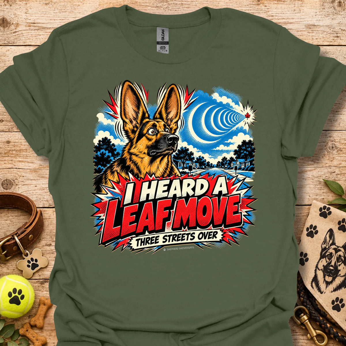 Military green crewneck T-shirt with German shepherd leaf comic graphic