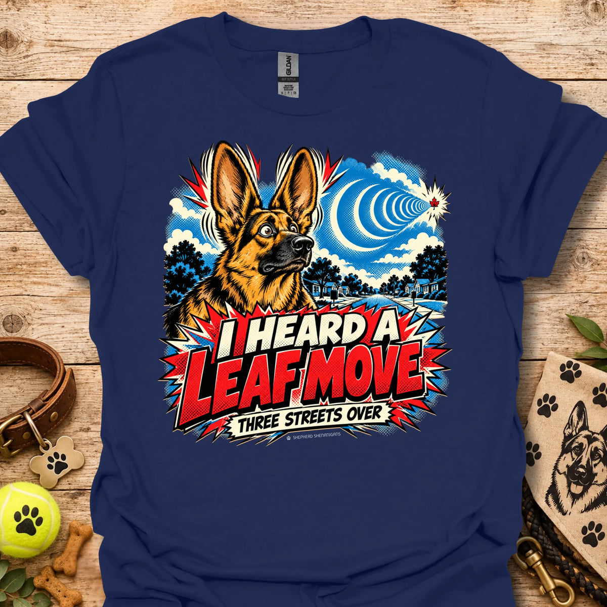 Navy crewneck T-shirt with German shepherd leaf comic graphic