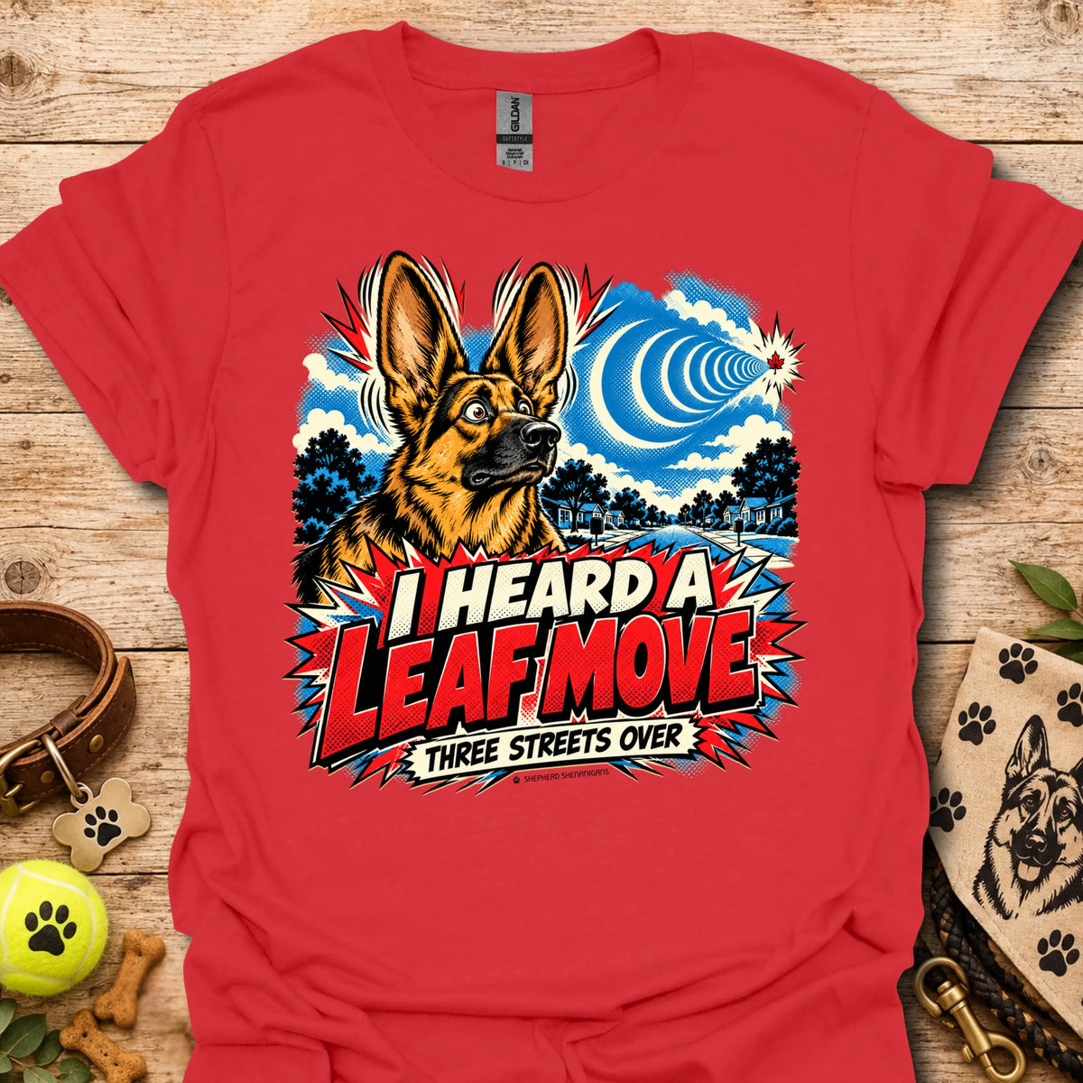 Red crewneck T-shirt with German shepherd leaf comic graphic