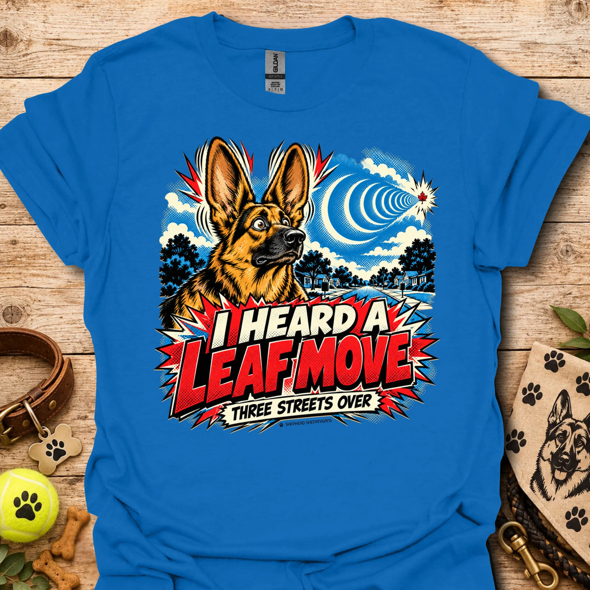 Royal blue crewneck T-shirt with German shepherd leaf comic graphic