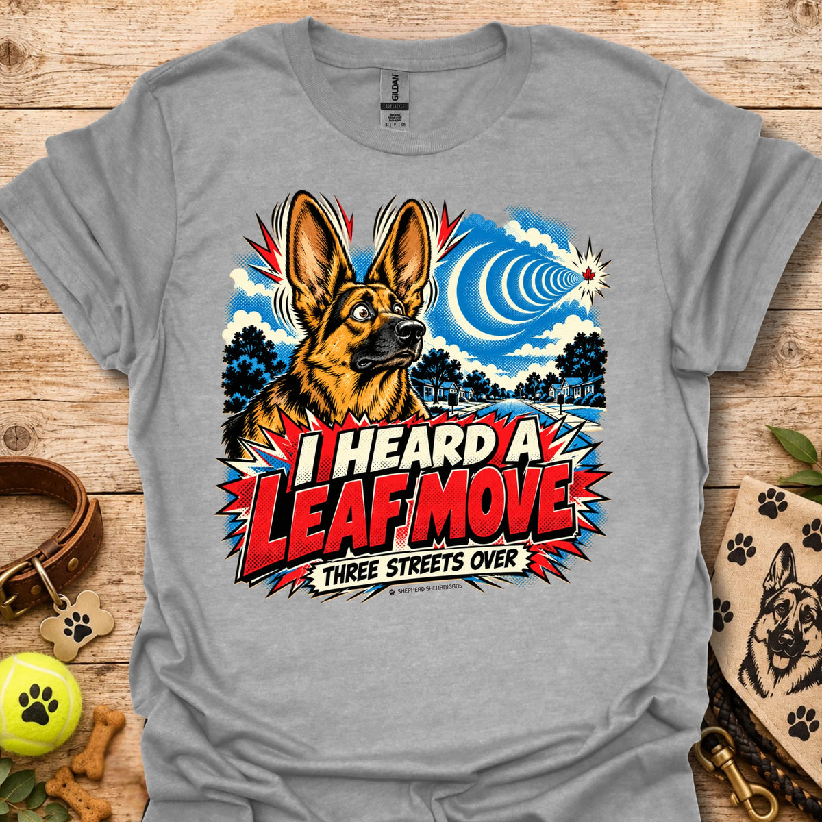 Sport grey crewneck T-shirt with German shepherd leaf comic graphic