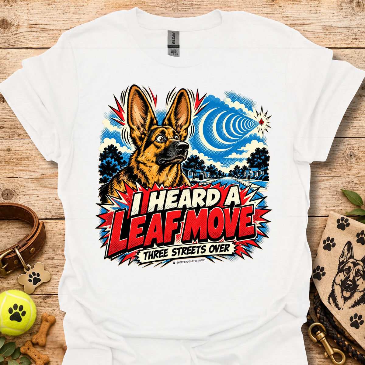 White crewneck T-shirt with German shepherd leaf comic graphic
