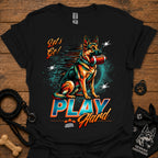 Black dog graphic t-shirt with "PLAY" text and sitting German shepherd illustration