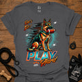 Charcoal dog graphic t-shirt with "PLAY" text and sitting German shepherd illustration