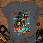 Charcoal dog graphic t-shirt with "PLAY" text and sitting German shepherd illustration