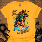 Gold dog graphic t-shirt with "PLAY" text and sitting German shepherd illustration