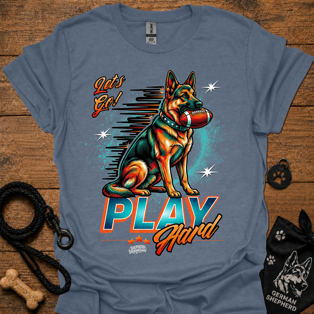 Heather indigo dog graphic t-shirt with "PLAY" text and sitting German shepherd illustration