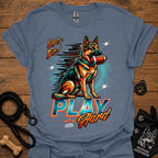 Heather indigo dog graphic t-shirt with "PLAY" text and sitting German shepherd illustration