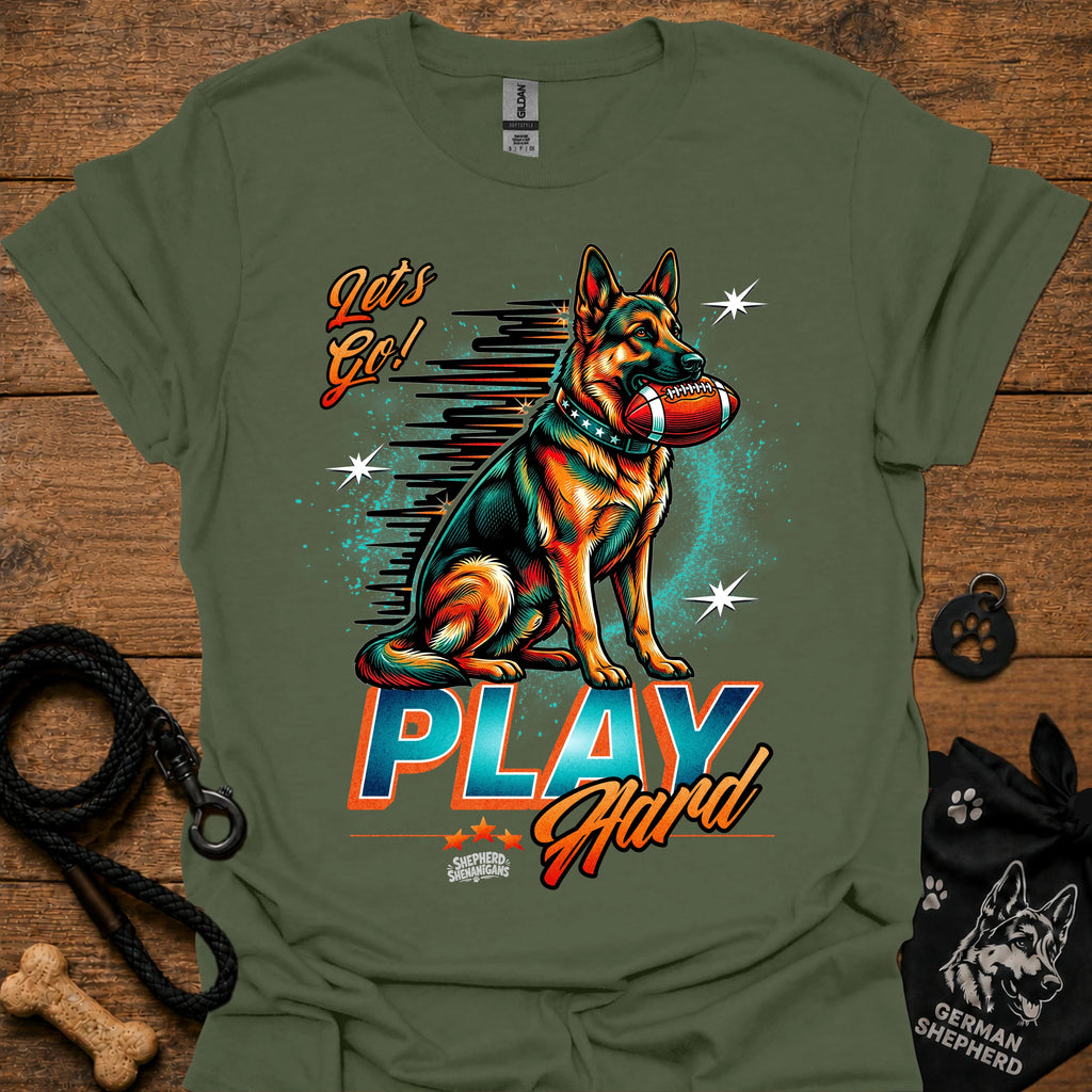 Military green dog graphic t-shirt with "PLAY" text and sitting German shepherd illustration