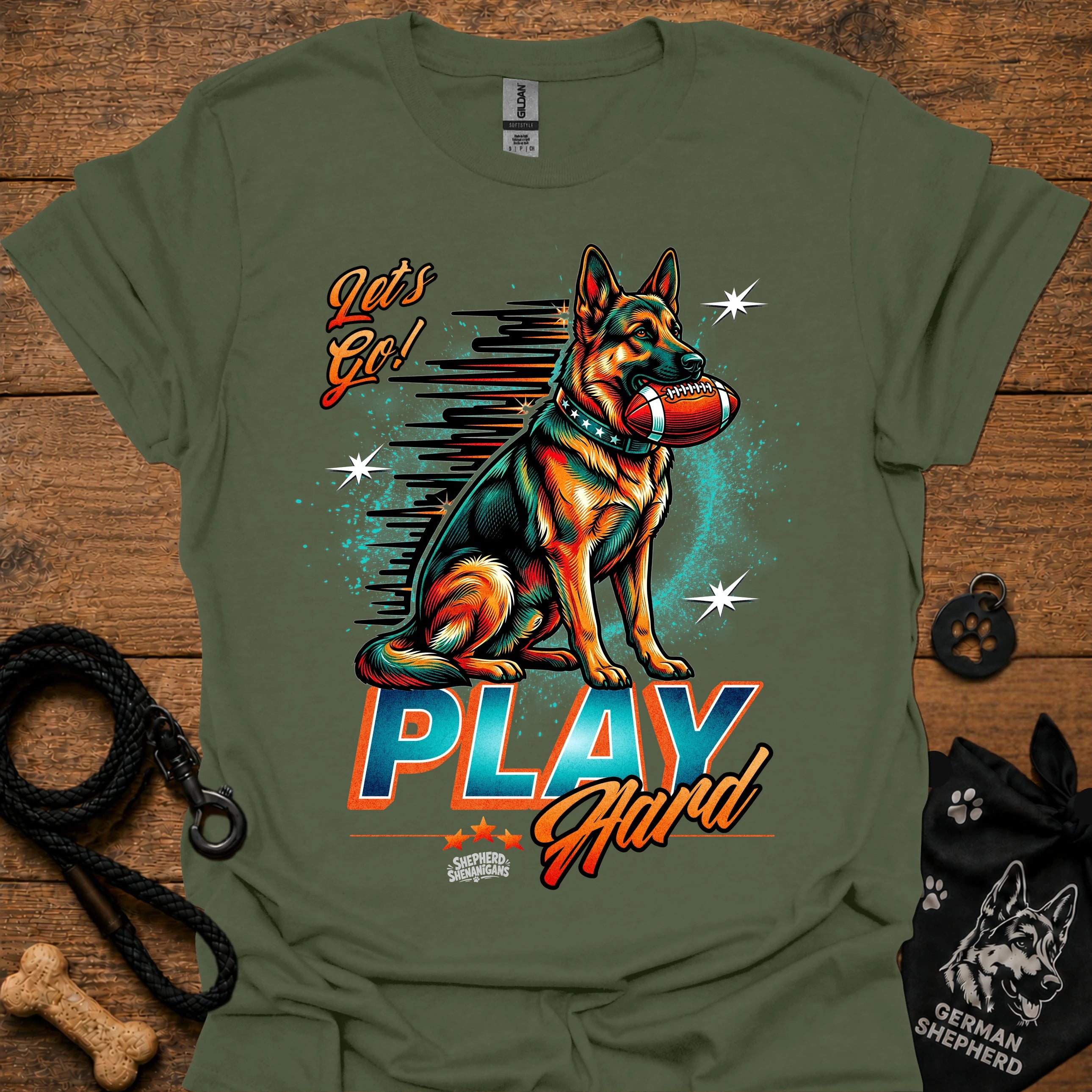 Military green dog graphic t-shirt with "PLAY" text and sitting German shepherd illustration