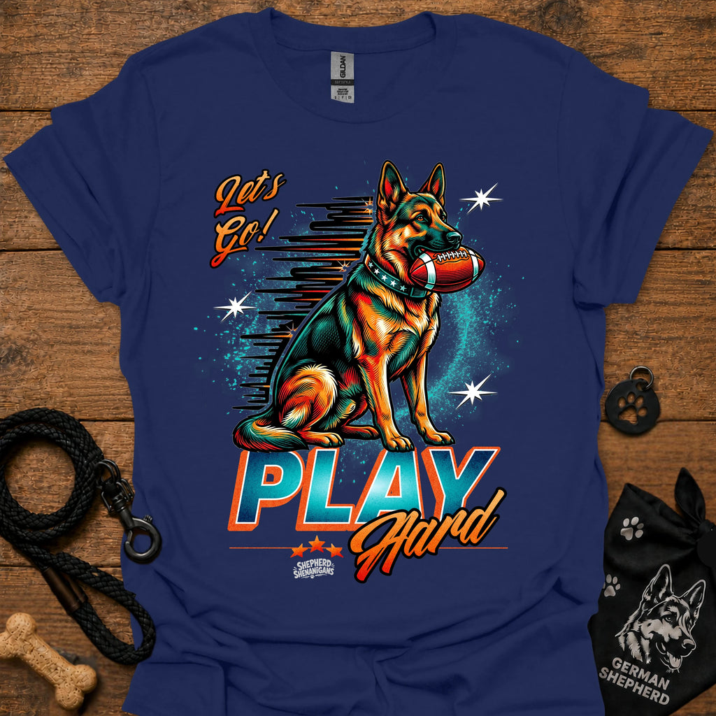 Navy dog graphic t-shirt with "PLAY" text and sitting German shepherd illustration