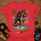 Red dog graphic t-shirt with "PLAY" text and sitting German shepherd illustration