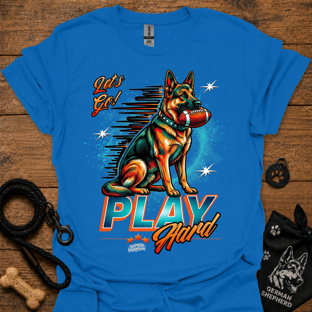 Royal blue dog graphic t-shirt with "PLAY" text and sitting German shepherd illustration