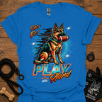 Royal blue dog graphic t-shirt with "PLAY" text and sitting German shepherd illustration
