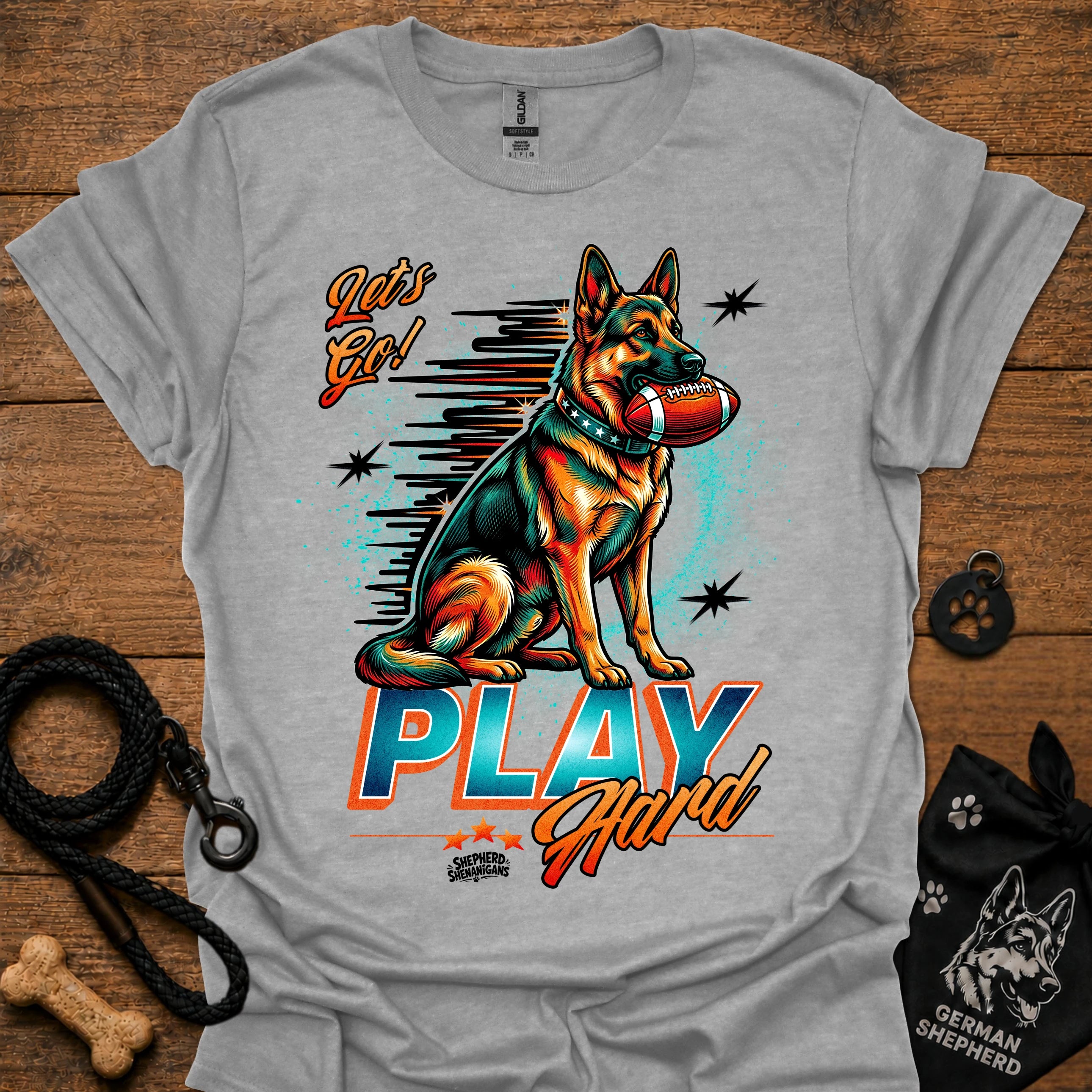 Sport grey dog graphic t-shirt with "PLAY" text and sitting German shepherd illustration