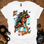 White dog graphic t-shirt with "PLAY" text and sitting German shepherd illustration