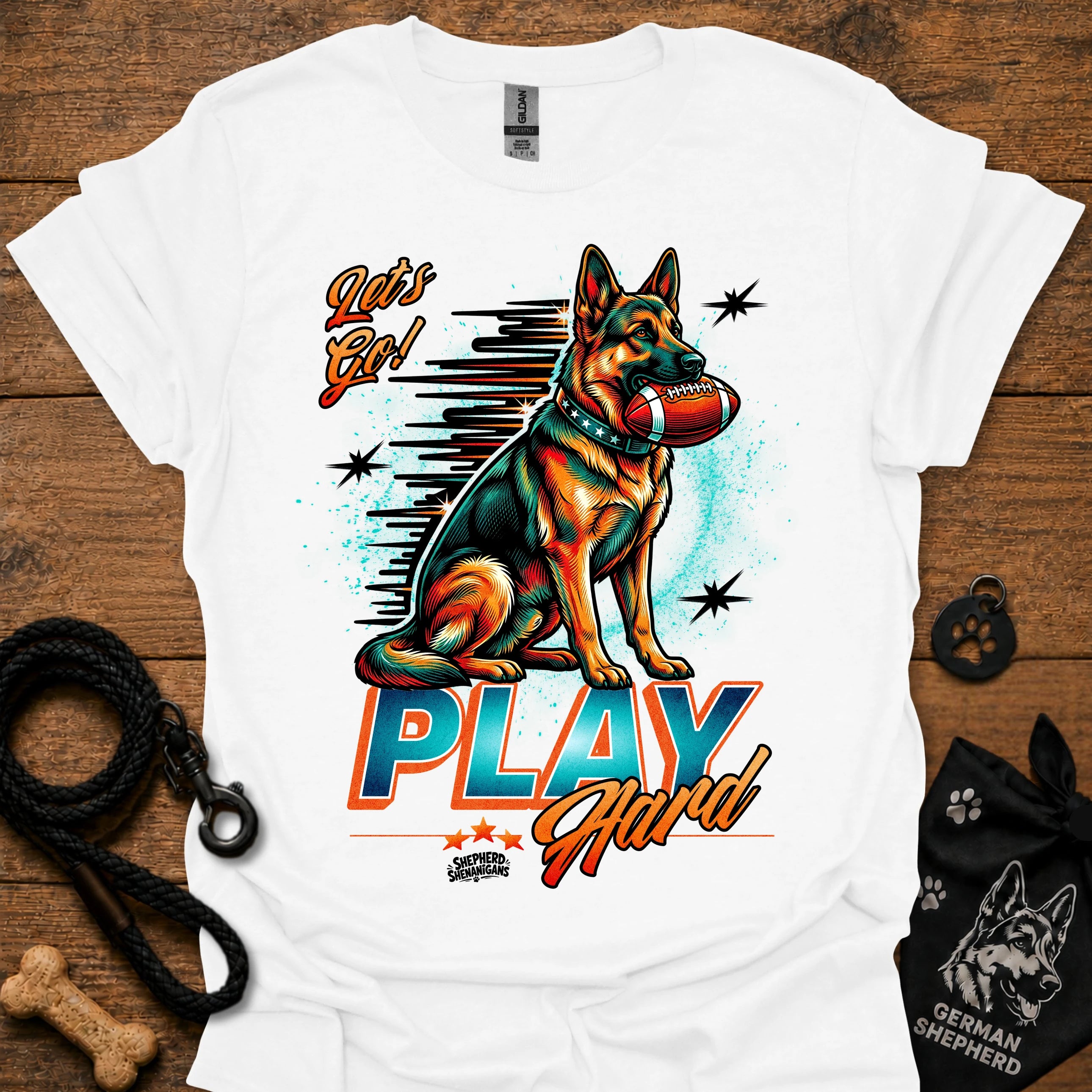 White dog graphic t-shirt with "PLAY" text and sitting German shepherd illustration