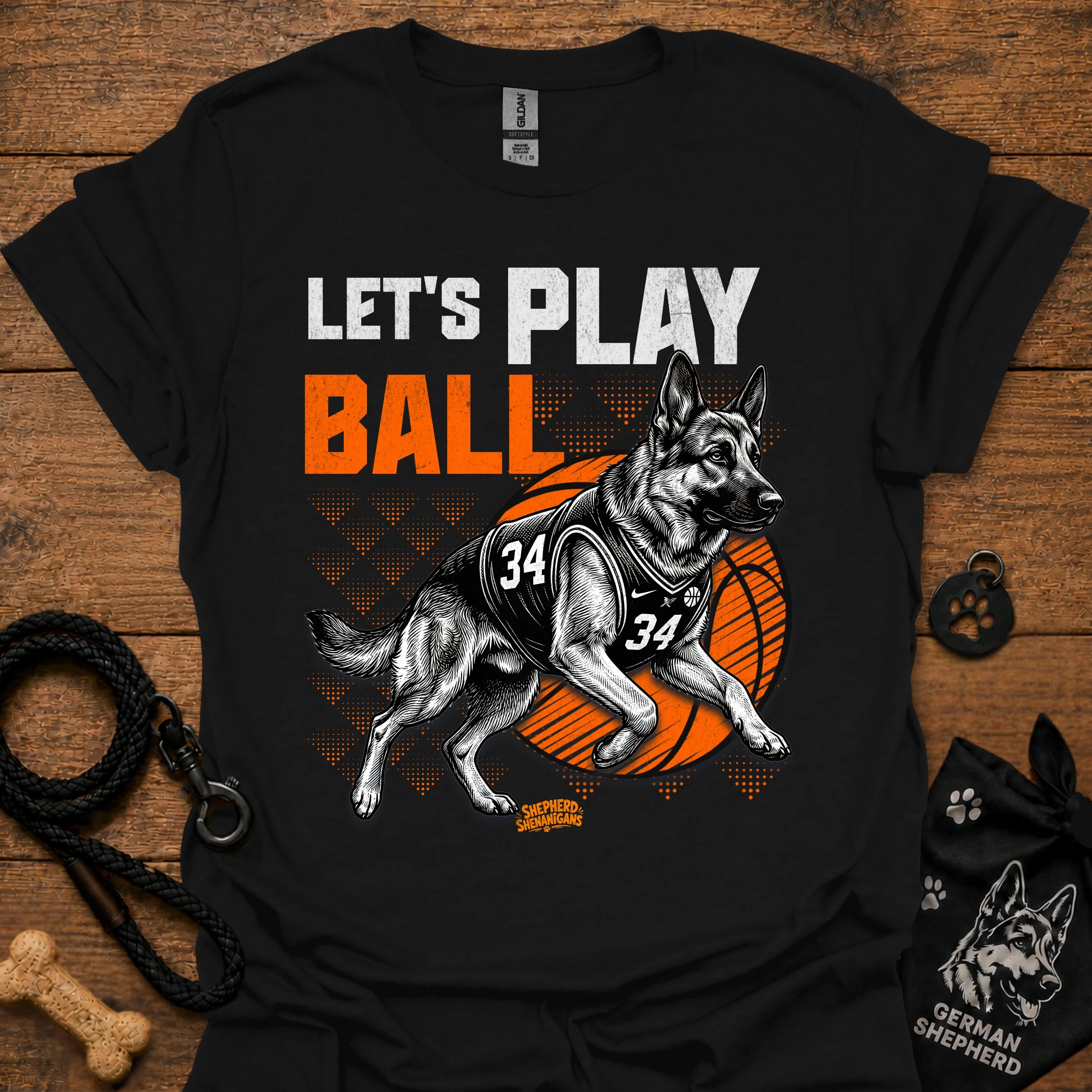 Basketball dog graphic T-shirt, black with 'Let's Play Ball' and basketball dog print