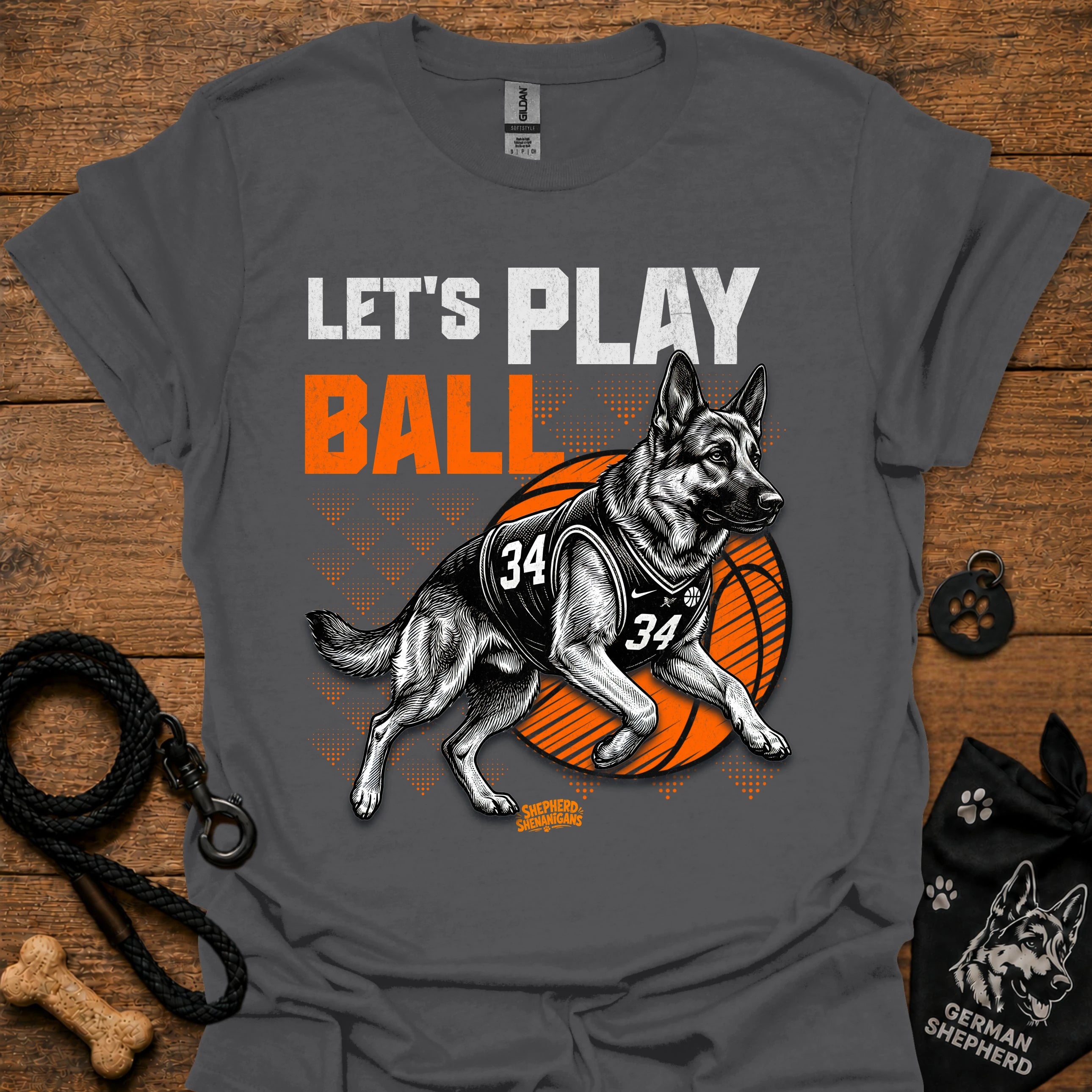 Basketball dog graphic T-shirt, charcoal gray with 'Let's Play Ball' and dog jersey print