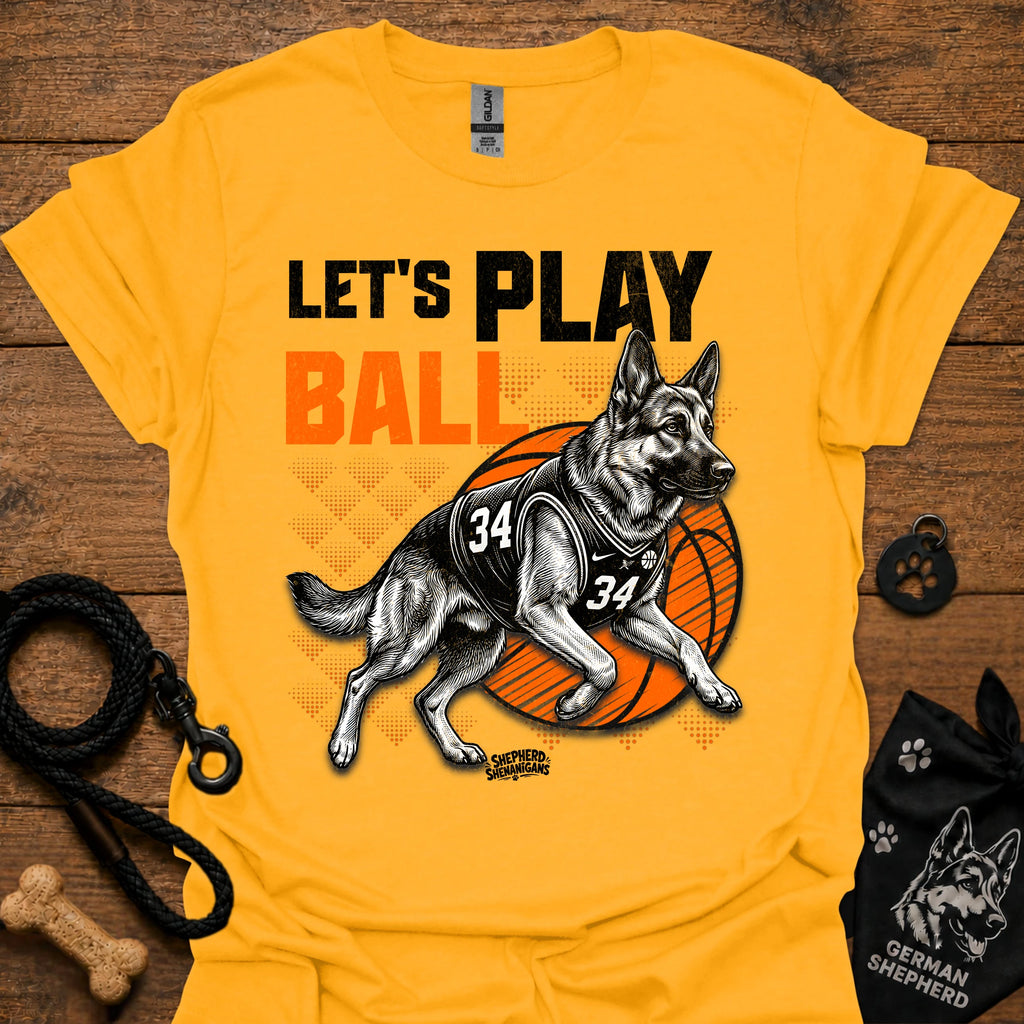 Basketball dog graphic T-shirt, gold with 'Let's Play Ball' and basketball dog graphic