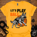 Basketball dog graphic T-shirt, gold with 'Let's Play Ball' and basketball dog graphic