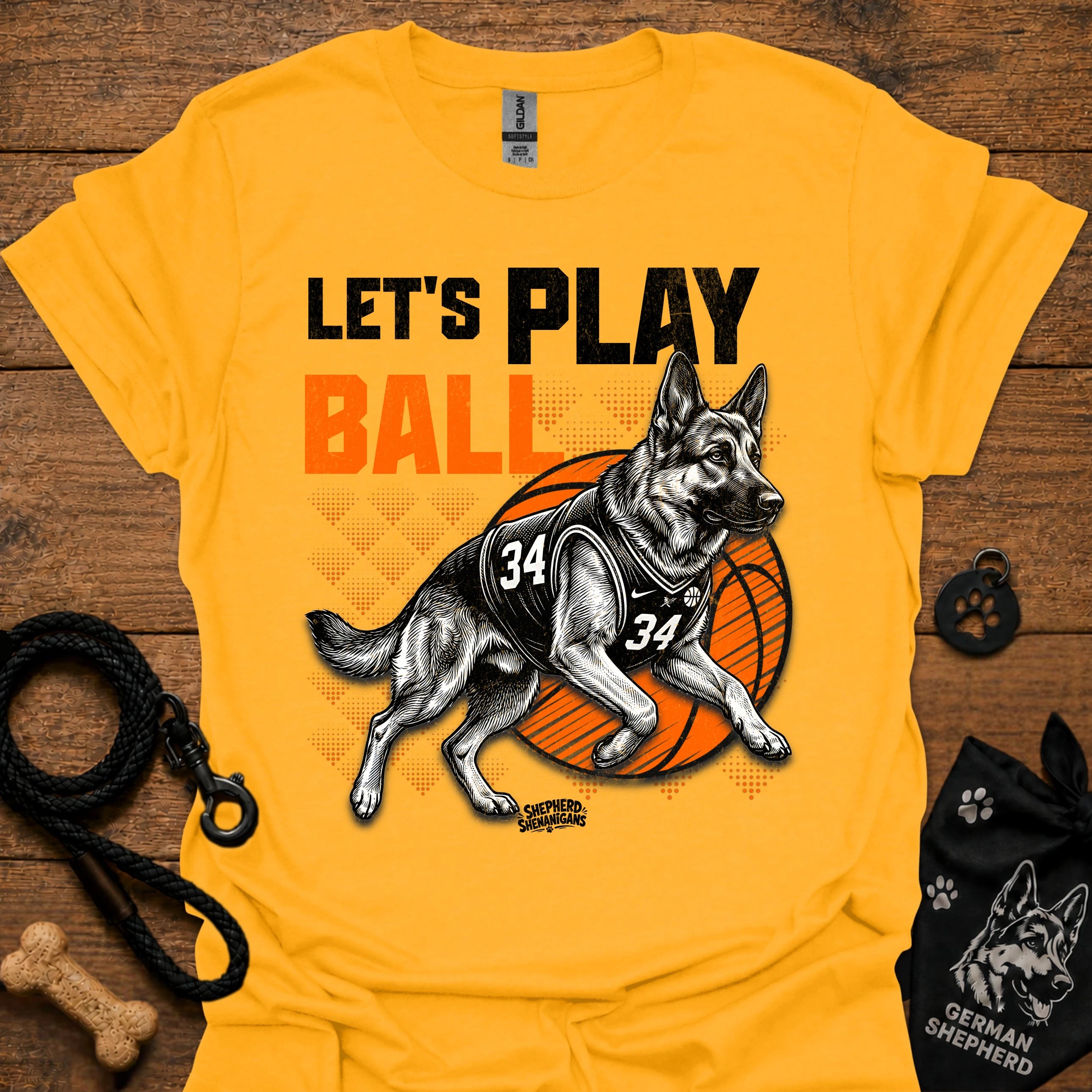 Basketball dog graphic T-shirt, gold with 'Let's Play Ball' and basketball dog graphic