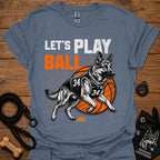 Basketball dog graphic T-shirt, heather blue with 'Let's Play Ball' and dog jersey print
