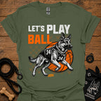 Basketball dog graphic T-shirt, military green with 'Let's Play Ball' and dog jersey artwork