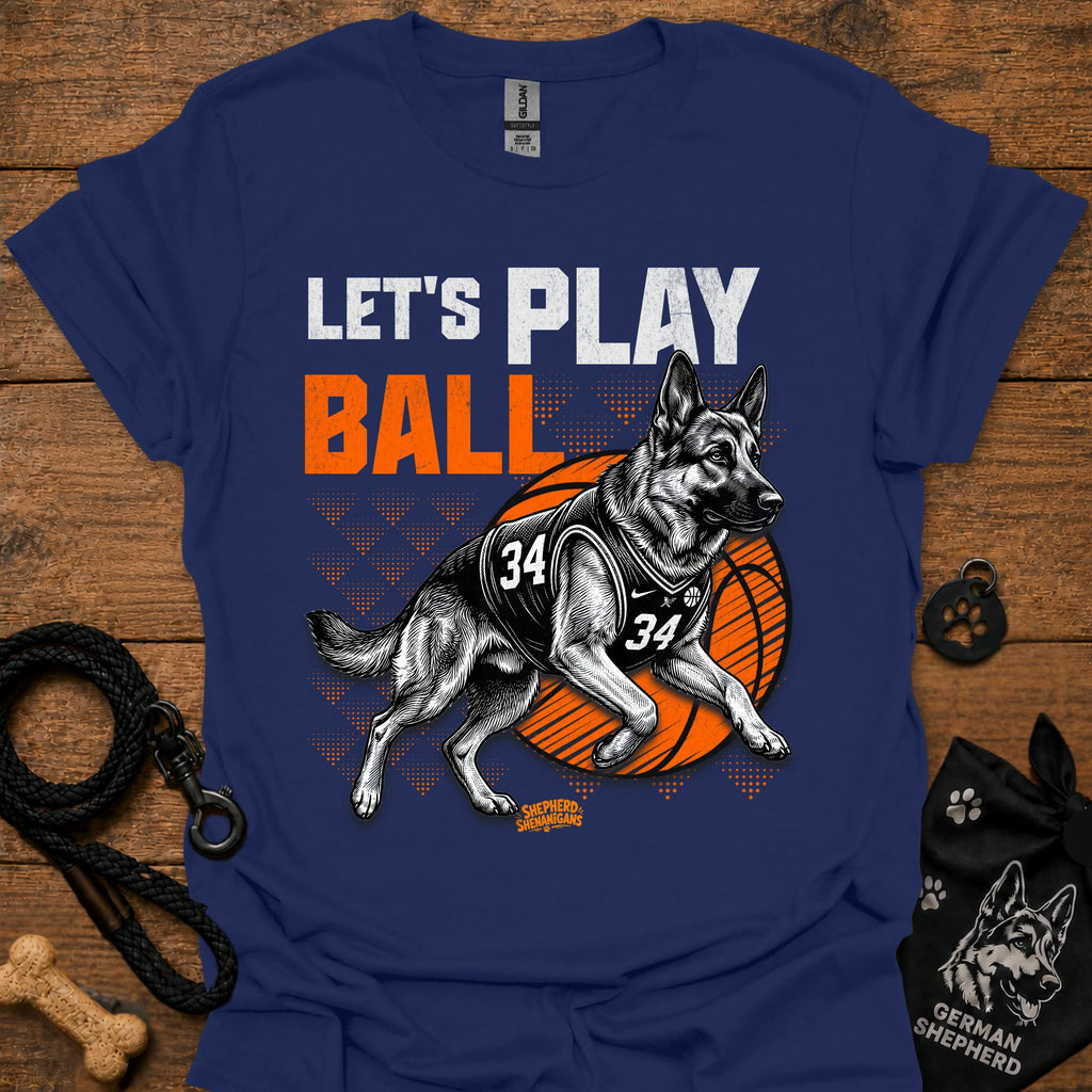 Basketball dog graphic T-shirt, navy blue with 'Let's Play Ball' and basketball dog graphic