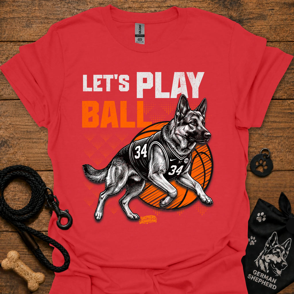 Basketball dog graphic T-shirt, red with 'Let's Play Ball' and dog wearing jersey print