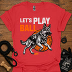 Basketball dog graphic T-shirt, red with 'Let's Play Ball' and dog wearing jersey print