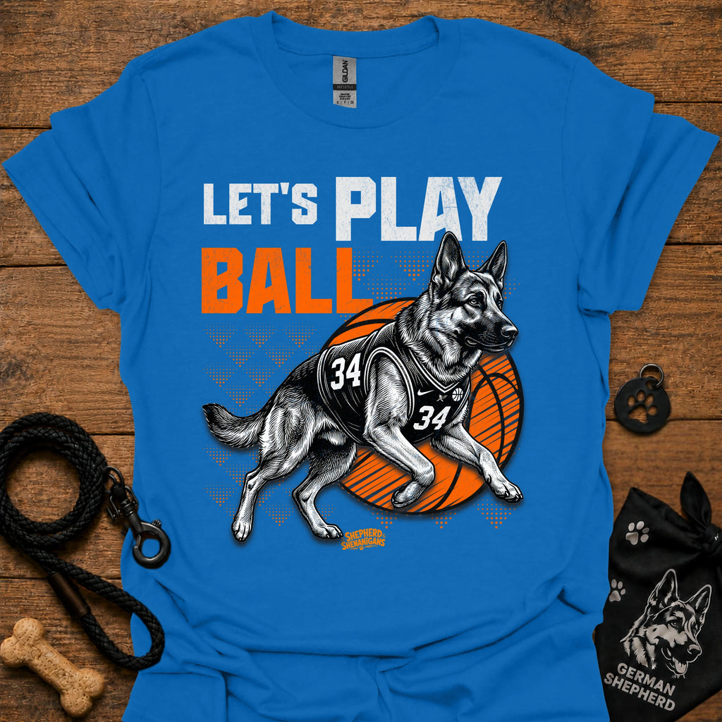 Basketball dog graphic T-shirt, royal blue with 'Let's Play Ball' and running dog graphic