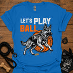 Basketball dog graphic T-shirt, royal blue with 'Let's Play Ball' and running dog graphic