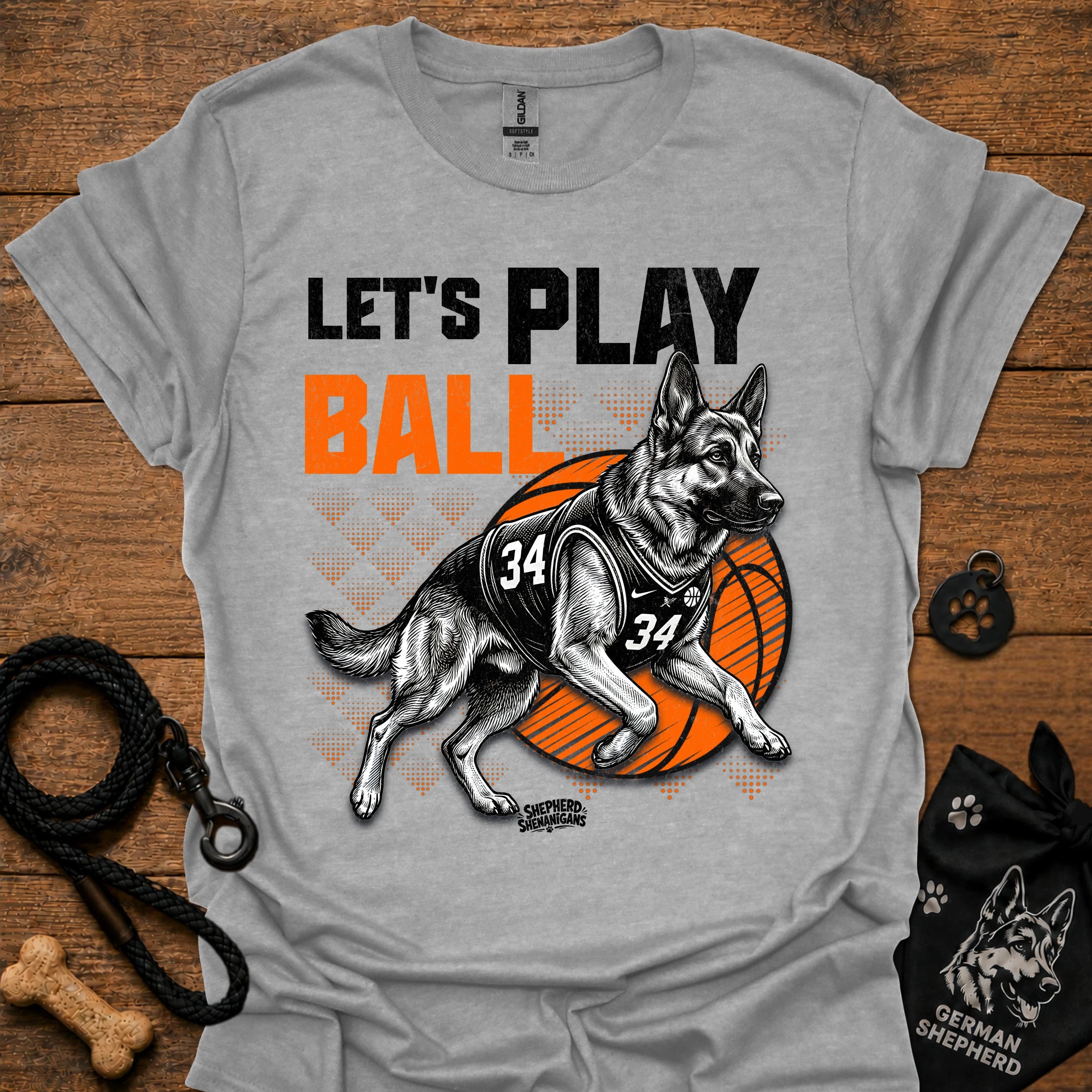 Basketball dog graphic T-shirt, sport gray with 'Let's Play Ball' and basketball dog artwork