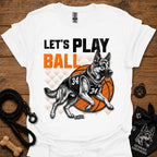 Basketball dog graphic T-shirt, white with 'Let's Play Ball' and gray dog jersey graphic