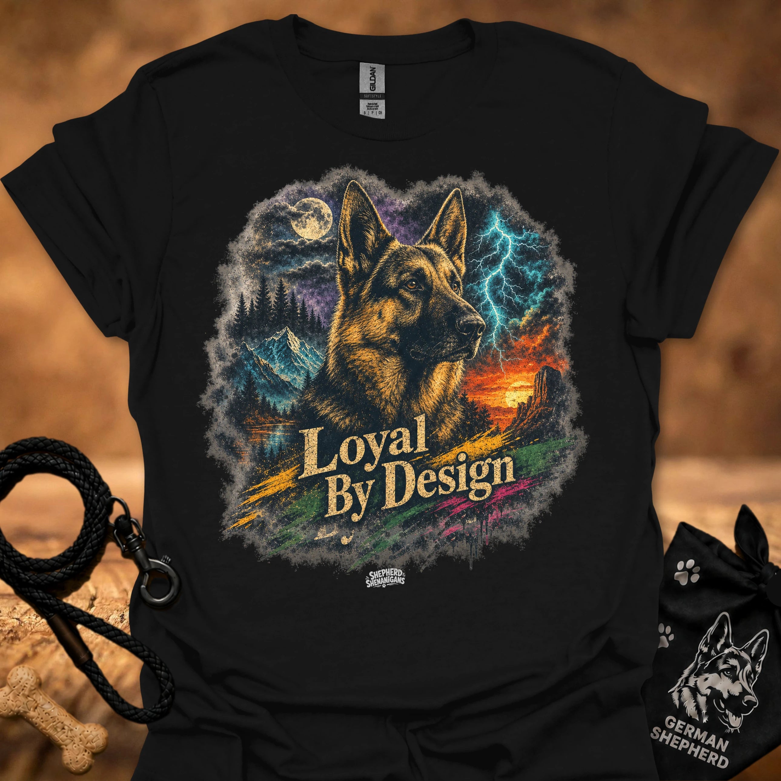 Black T-shirt with German shepherd graphic and “Loyal By Design” text