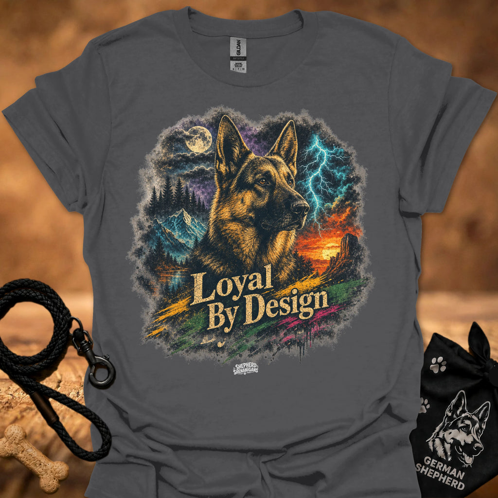 Charcoal T-shirt with German shepherd graphic and “Loyal By Design” text
