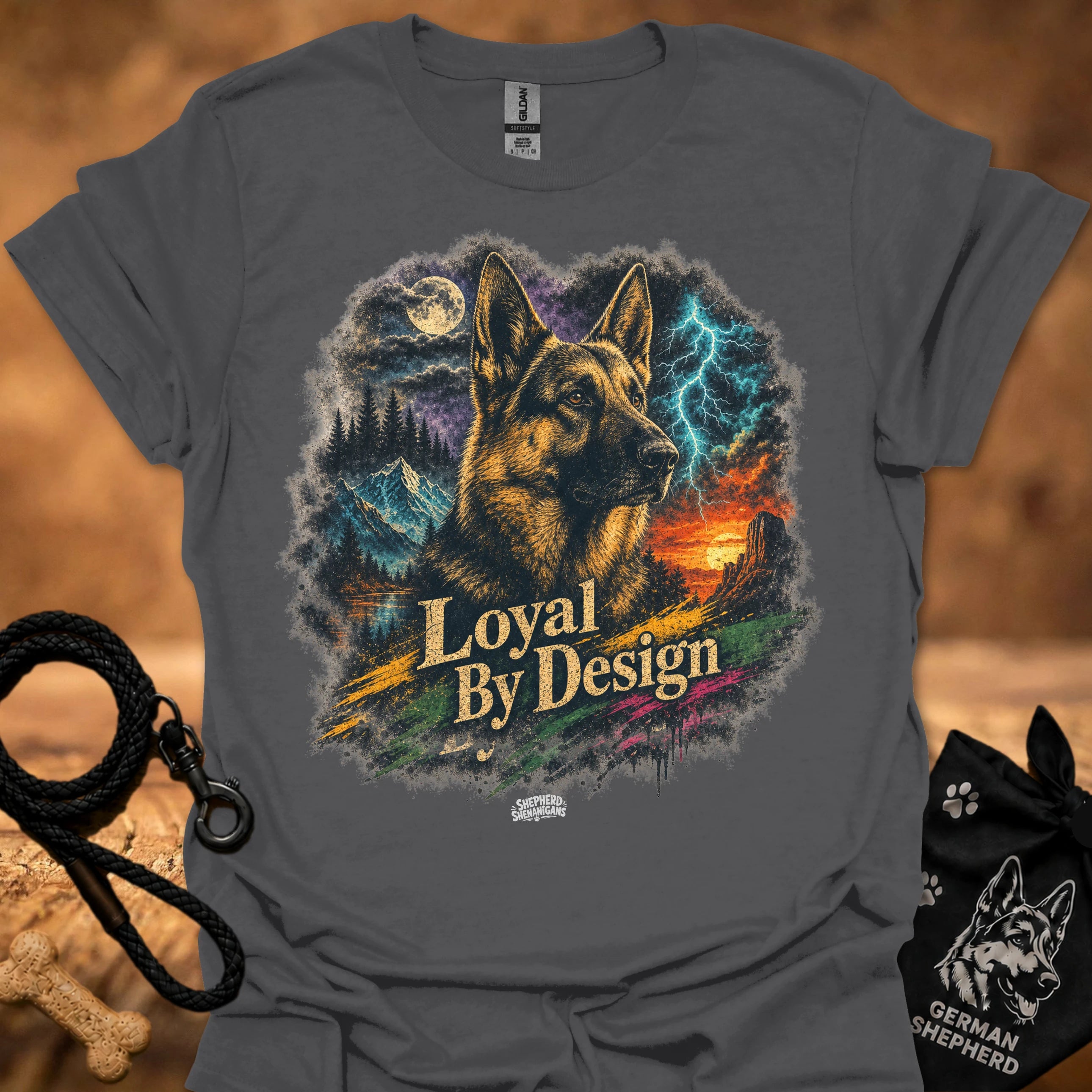 Charcoal T-shirt with German shepherd graphic and “Loyal By Design” text