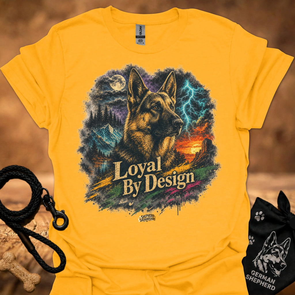 Gold T-shirt with German shepherd graphic and “Loyal By Design” text