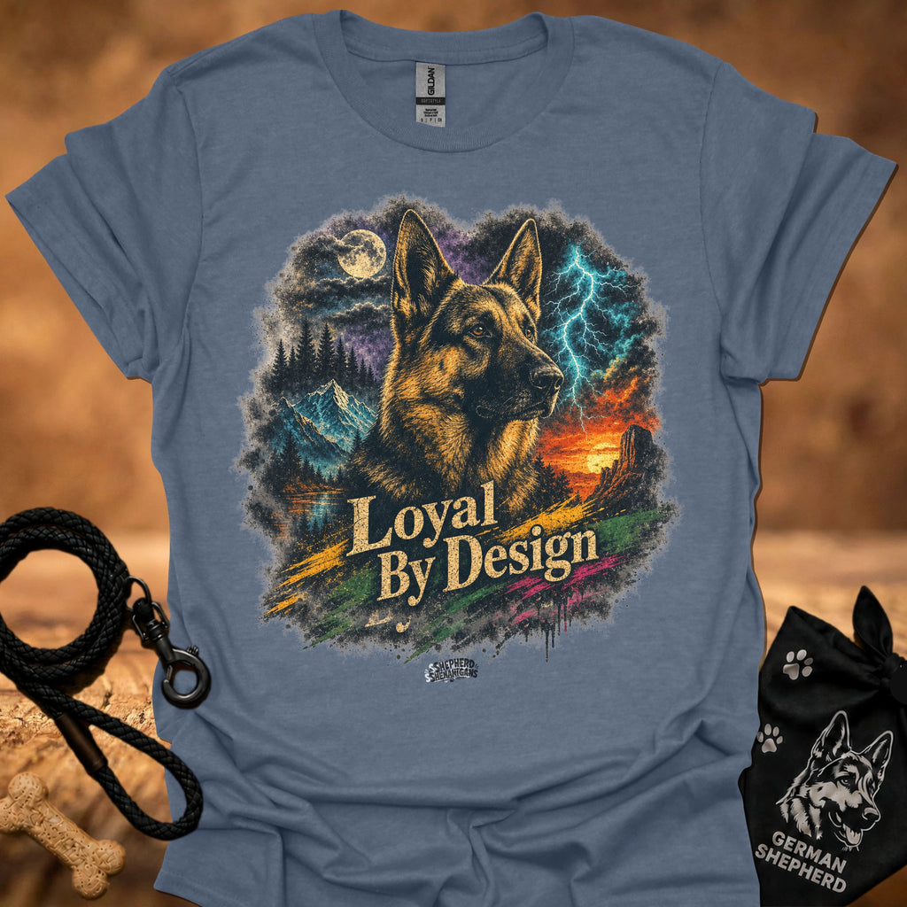 Heather blue T-shirt with German shepherd graphic and “Loyal By Design” text