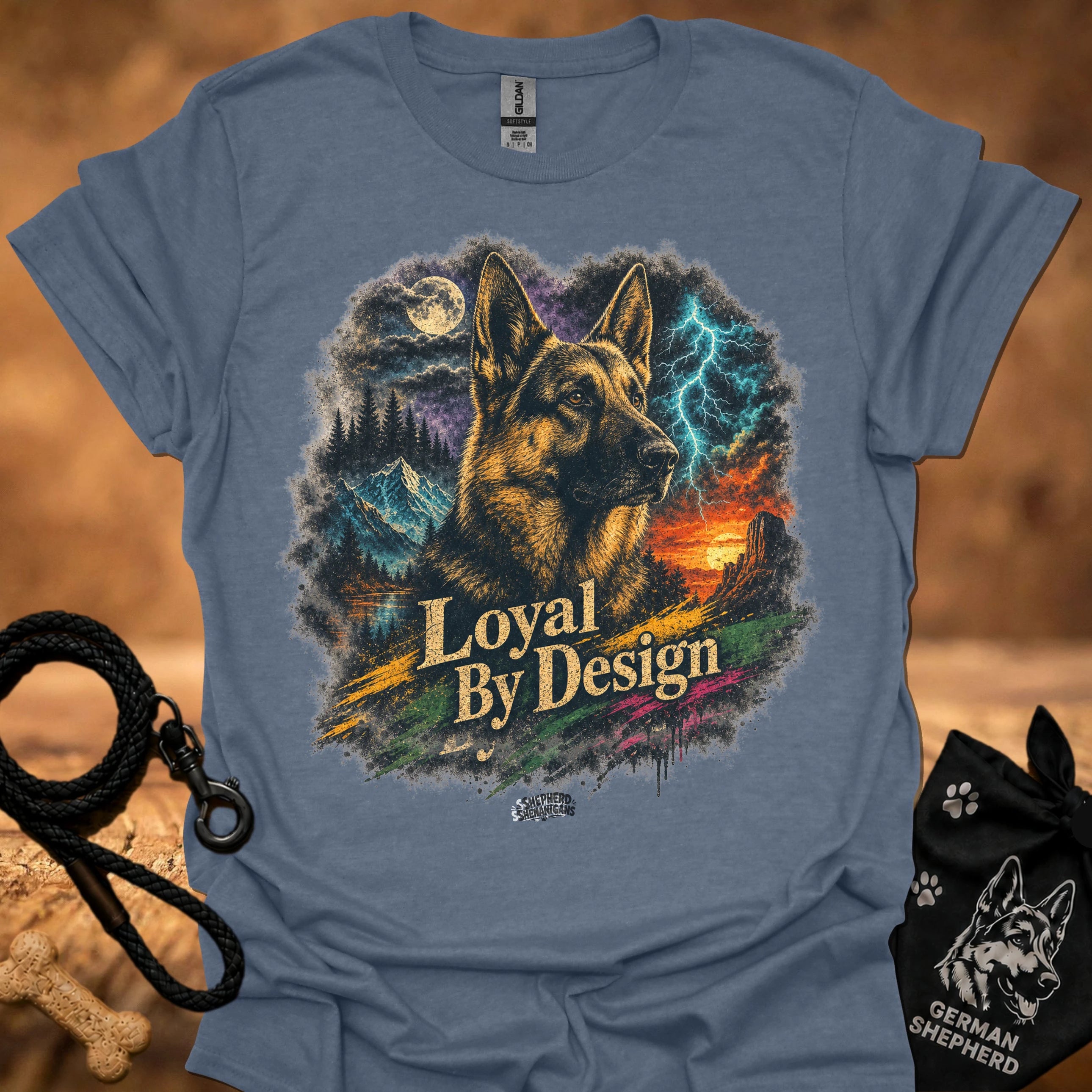 Heather blue T-shirt with German shepherd graphic and “Loyal By Design” text